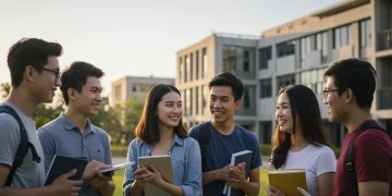 Groupe d'étudiants souriants et diversifiés sur un campus universitaire, symbolisant les opportunités offertes par les bourses d'études supérieures.