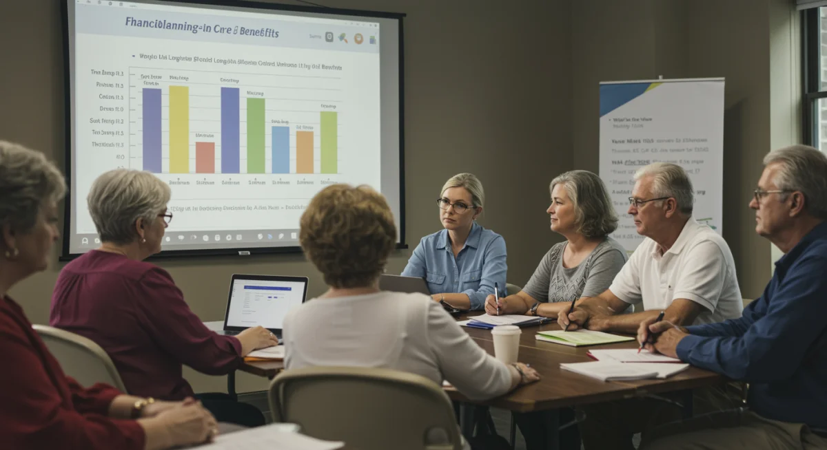 Financial advisor explaining long-term care benefit options to a diverse group