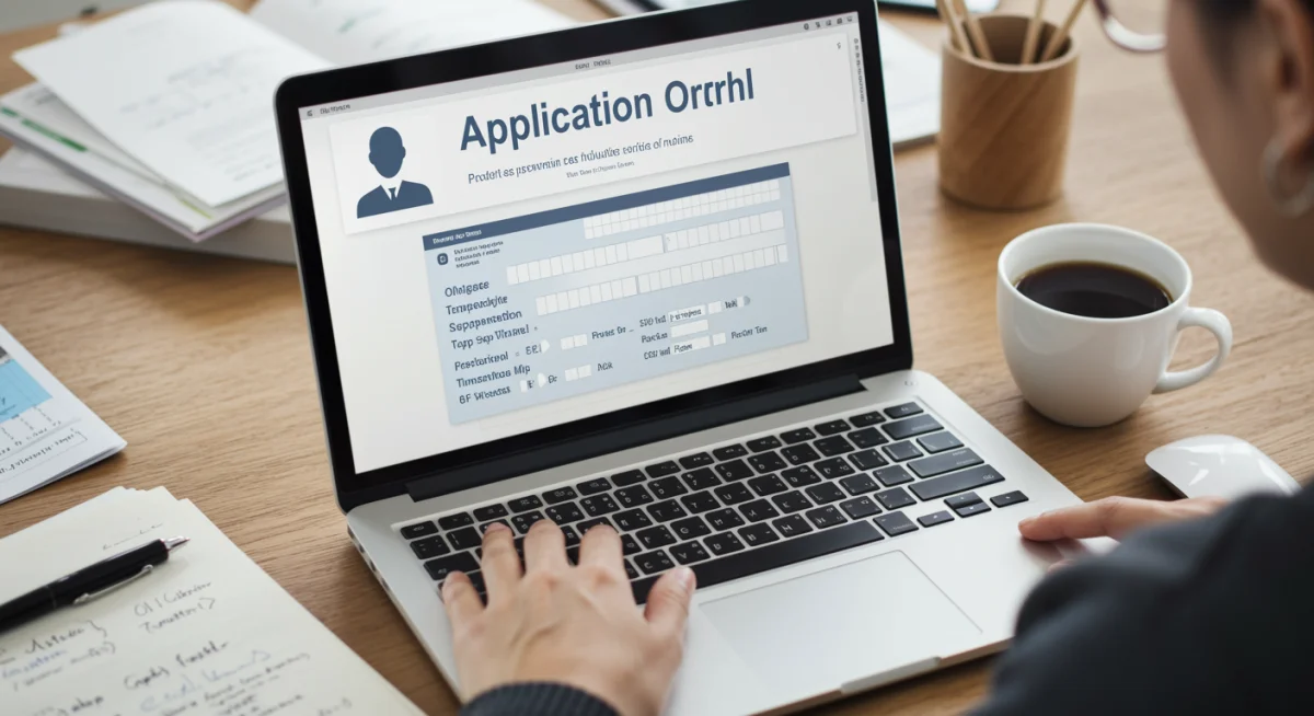 Personne remplissant soigneusement un formulaire de candidature en ligne pour une bourse d'études, entourée de documents organisés.