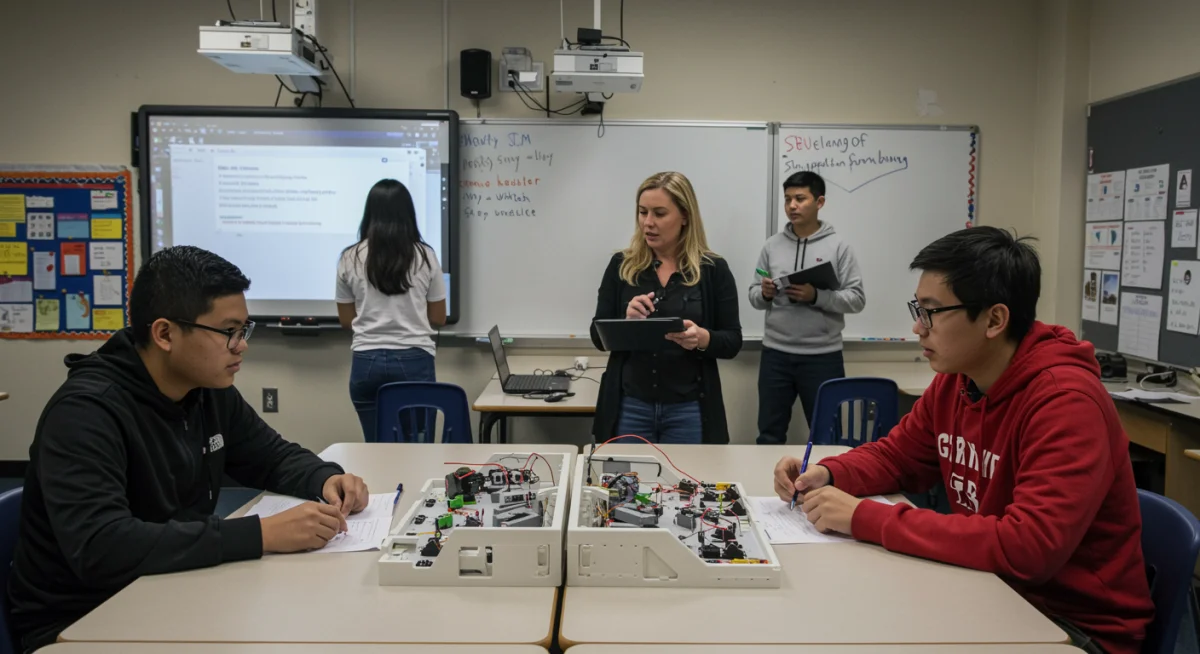 Diverse students and teachers in a STEM classroom with advanced technology