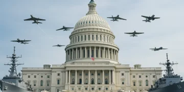 US Capitol with military assets overlay, representing defense budget decisions