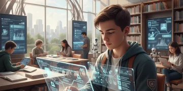 Étudiant utilisant une tablette dans une bibliothèque moderne, illustrant l'apprentissage personnalisé.