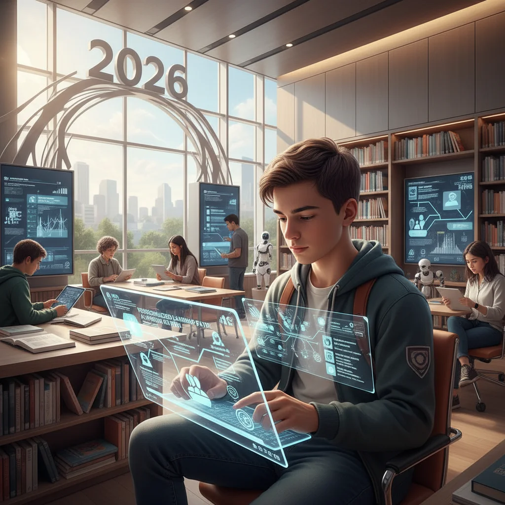 Étudiant utilisant une tablette dans une bibliothèque moderne, illustrant l'apprentissage personnalisé.