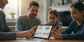 Famille française analysant des documents budgétaires sur tablette, symbolisant les réformes de 2026.