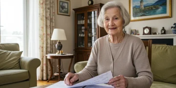 Une femme âgée souriante examinant des documents de l'APA à son domicile, symbolisant l'autonomie.