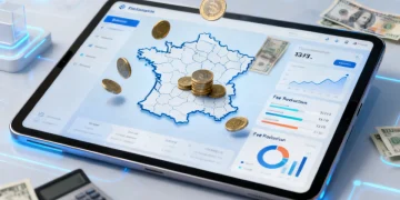 Interface de banque digitale futuriste en France avec des économies symboliques
