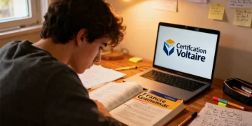 Jeune femme concentrée révisant pour la Certification Voltaire 2026 avec des livres de grammaire et un ordinateur portable.