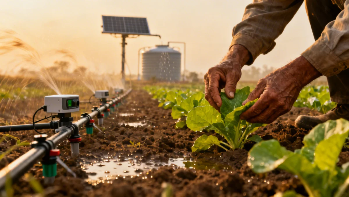 Agriculteur examinant une culture saine, avec un système d'irrigation moderne en arrière-plan, illustrant l'adaptation climatique.
