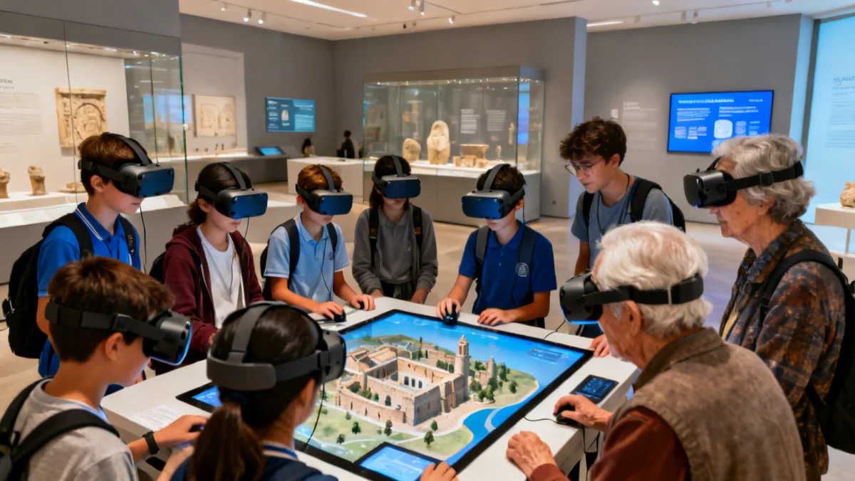Citoyens de tous âges explorant le patrimoine numérique via des écrans interactifs et la réalité virtuelle, symbolisant l'accès et l'engagement.