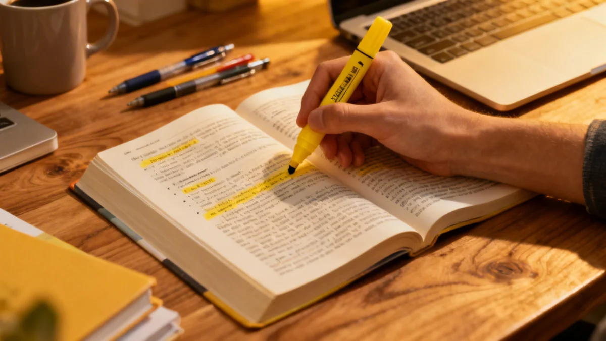 Main d'un étudiant soulignant des notes importantes dans un manuel universitaire