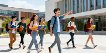 Groupe d'étudiants universitaires souriants et diversifiés marchant sur un campus moderne