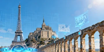 Illustration vibrante de monuments emblématiques français, symbolisant la préservation du patrimoine culturel en 2026 avec une touche de technologie.