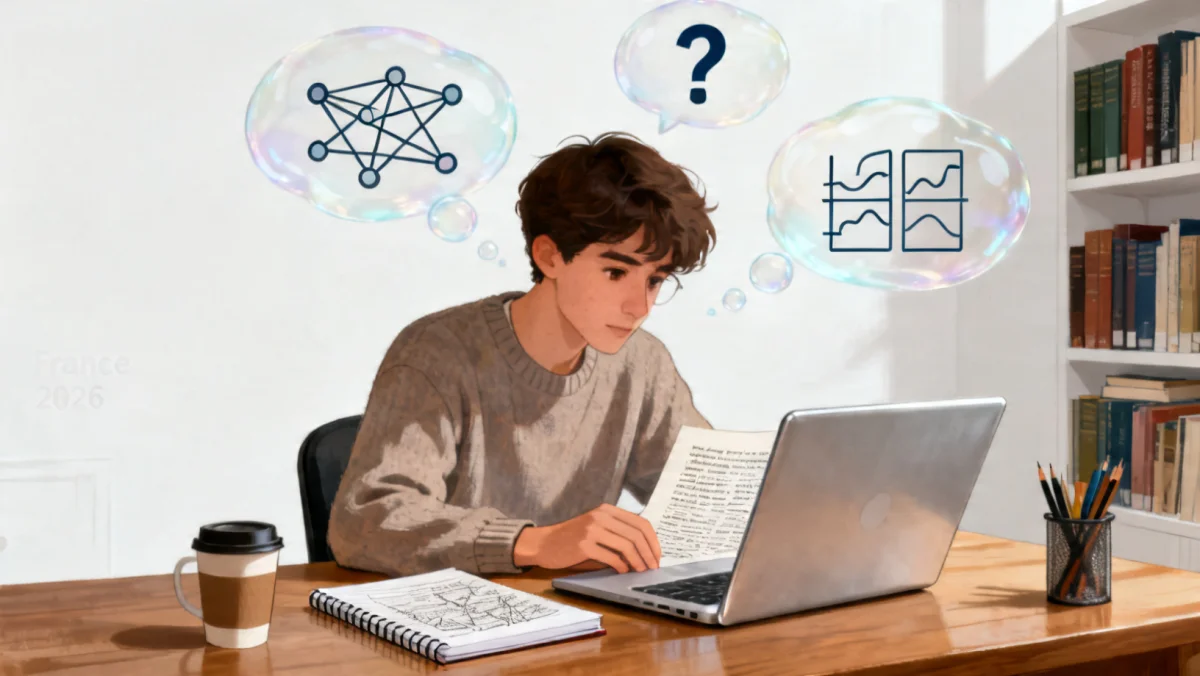 Étudiant français en 2026 analysant un texte complexe, remis en question ses hypothèses, illustrant la pensée critique active.