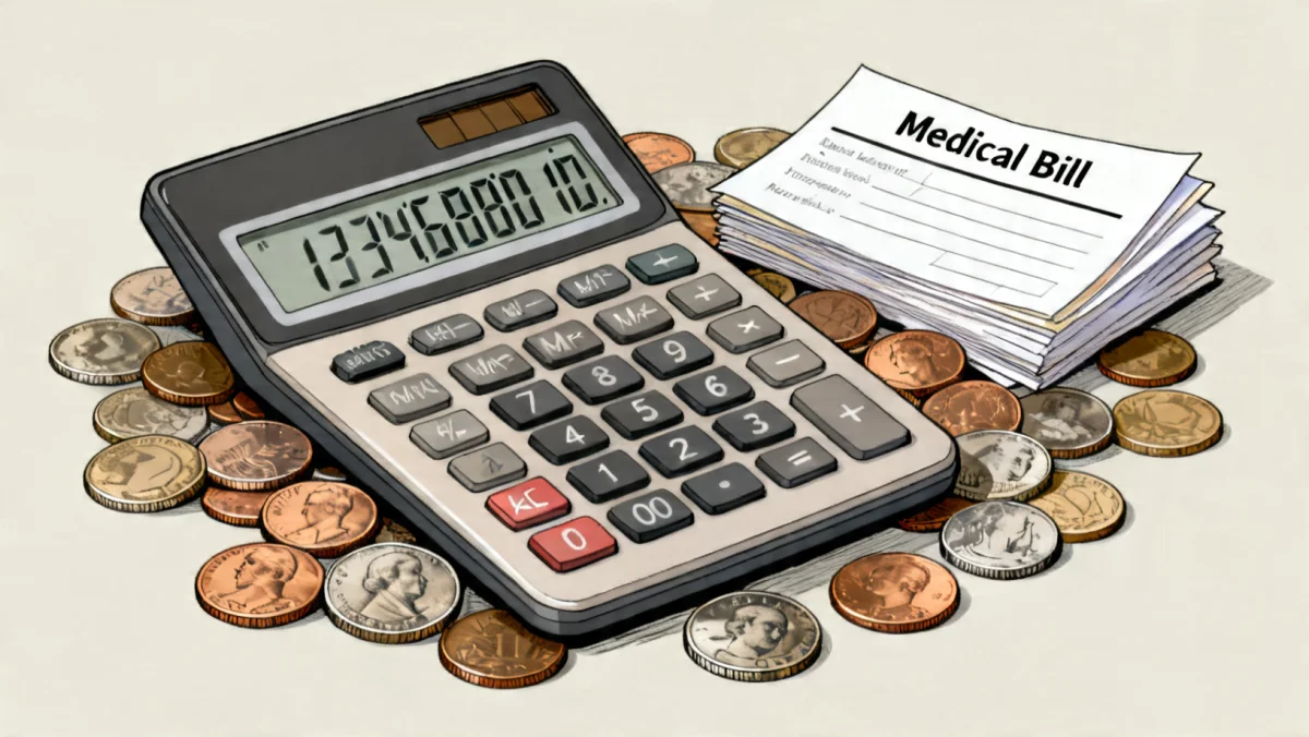 Calculatrice affichant des chiffres avec des pièces de monnaie et des factures médicales