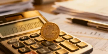 Calculatrice affichant des économies sur l'assurance emprunteur en 2026, avec des pièces d'euro.