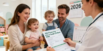 Famille discutant avec une professionnelle de la petite enfance sur les aides à la garde d'enfants en 2026, dans un environnement lumineux et moderne.