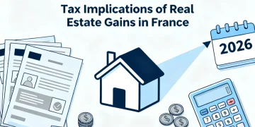 Illustration des documents fiscaux français, d'une maison et d'un calendrier 2026, symbolisant la fiscalité immobilière.