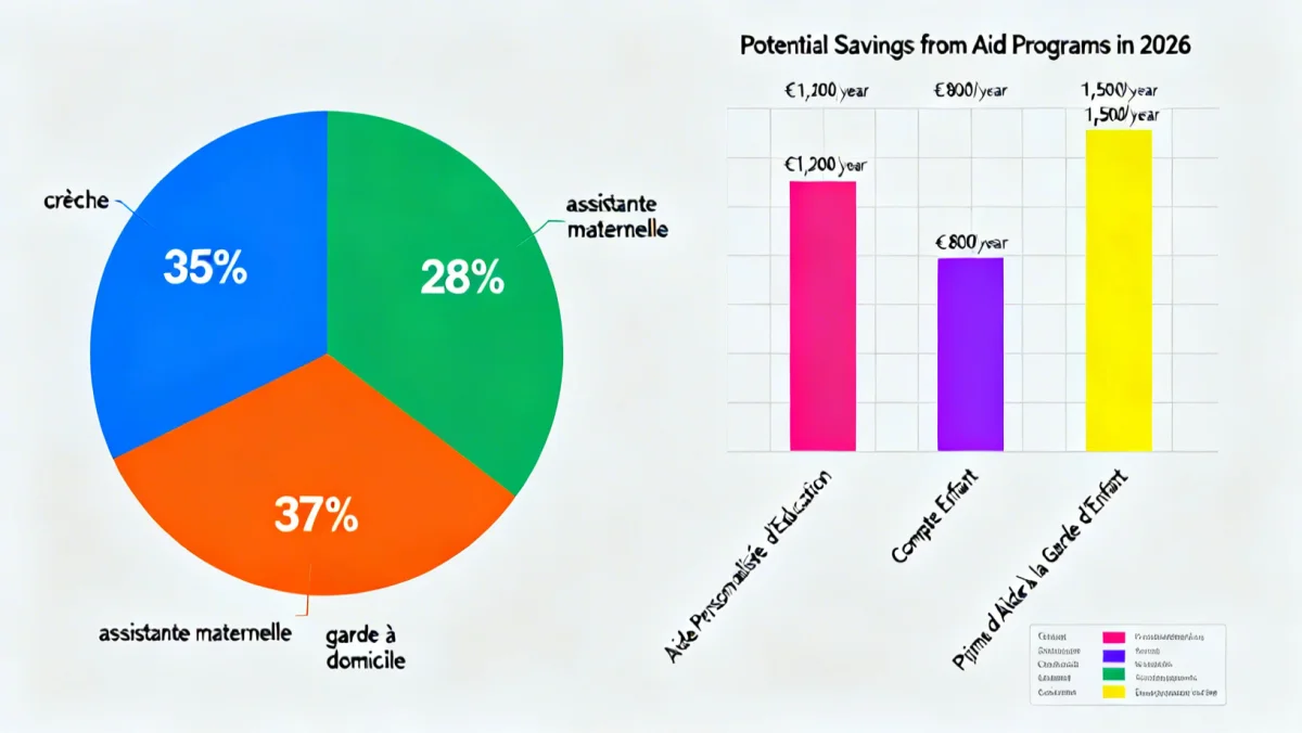 Infographie détaillée des coûts de garde d'enfants et des économies potentielles grâce aux aides en 2026.