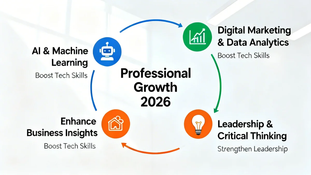 Infographie présentant les trois MOOCs clés pour l'amélioration des compétences professionnelles en 2026 : IA, marketing digital et compétences douces.