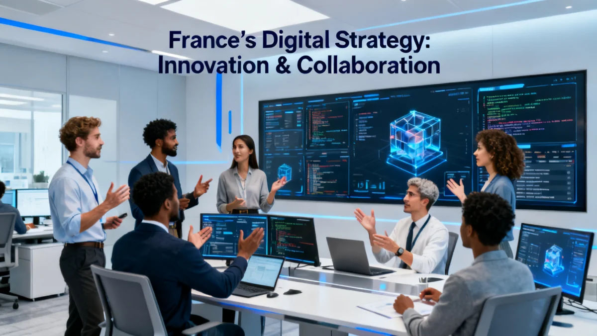 Des professionnels diversifiés collaborant dans un bureau high-tech, illustrant l'innovation et la stratégie numérique française.
