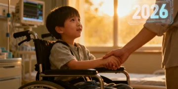 Parent tenant la main d'un enfant en milieu hospitalier, symbolisant le soutien familial et les soins spécialisés.