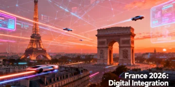 Paysage urbain futuriste de Paris avec des réseaux numériques et des flux de données, symbolisant l'avancement technologique de la France en 2026.