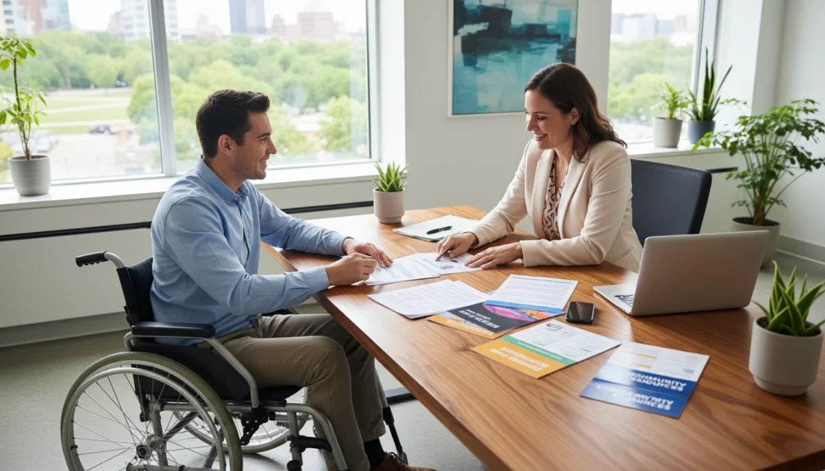 Personne en fauteuil roulant discutant avec une assistante sociale dans un bureau moderne pour des aides au handicap.