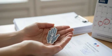 Mains tenant un symbole d'aide, avec des documents administratifs français et un calendrier 2026 en arrière-plan, illustrant la PCH.