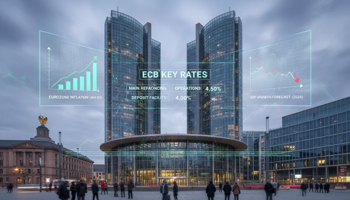 Bâtiment de la Banque Centrale Européenne à Francfort avec des indicateurs économiques superposés, symbolisant la politique monétaire.