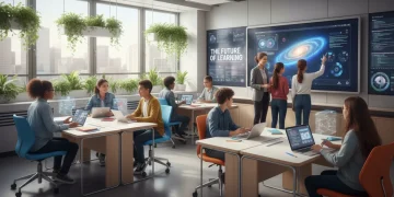 Élèves et enseignants interagissant dans une salle de classe moderne et technologique, symbolisant l'avenir de l'éducation en 2026.