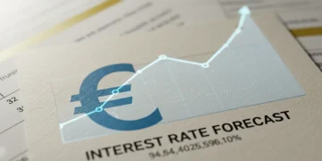 Symbole de l'euro sur un document financier avec graphique économique en arrière-plan, représentant l'analyse des taux d'intérêt de la BCE.