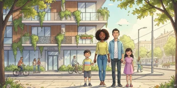 Famille heureuse devant un immeuble moderne, symbolisant l'accès au logement grâce aux aides en 2026.