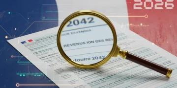 Formulaire d'impôt français avec une loupe symbolisant les nouvelles mesures fiscales de 2026