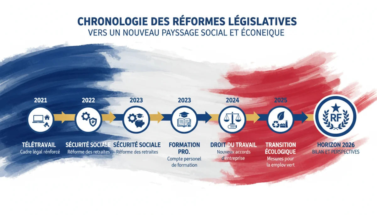 Chronologie des réformes législatives clés impactant l'emploi en France d'ici 2026.