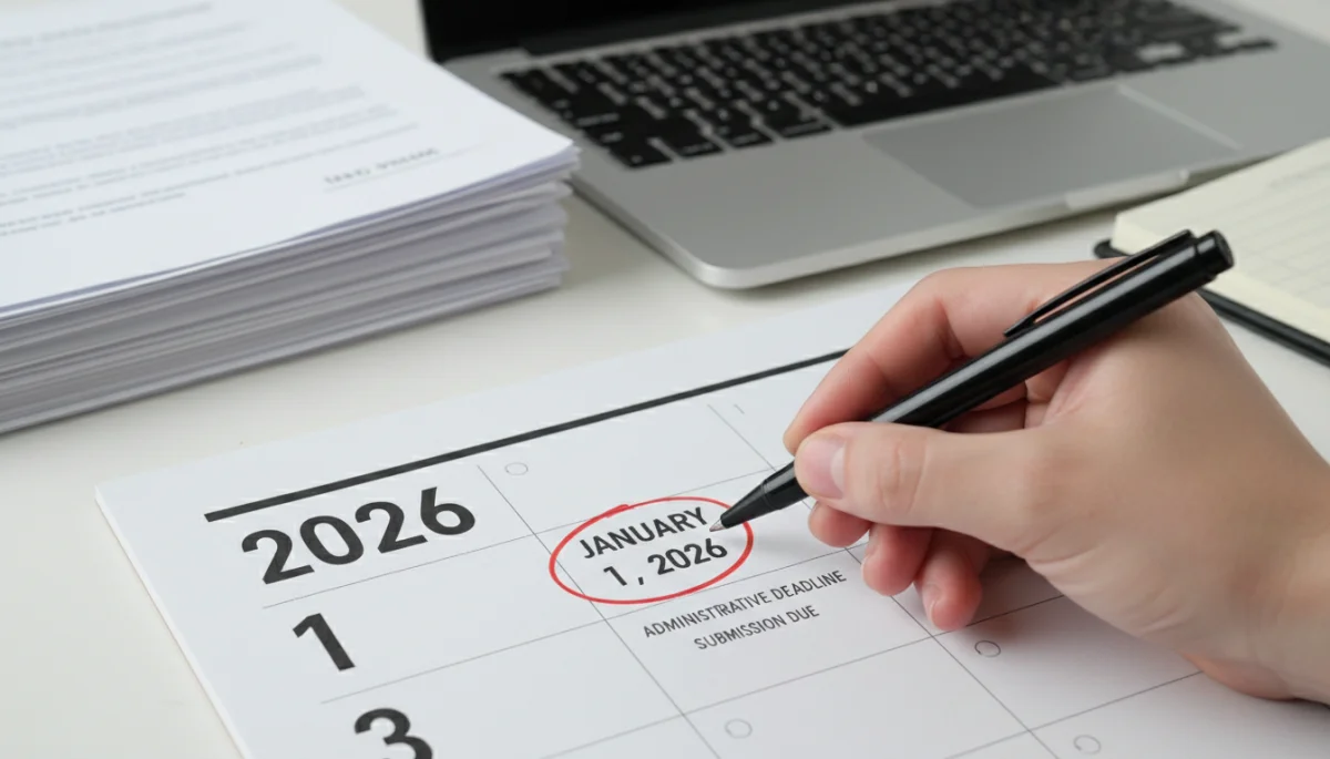 Calendrier affichant le 1er janvier 2026, soulignant une date limite importante pour les démarches administratives.