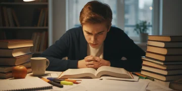 Jeune étudiant concentré révisant pour le Brevet 2026 avec des livres et des cahiers ouverts