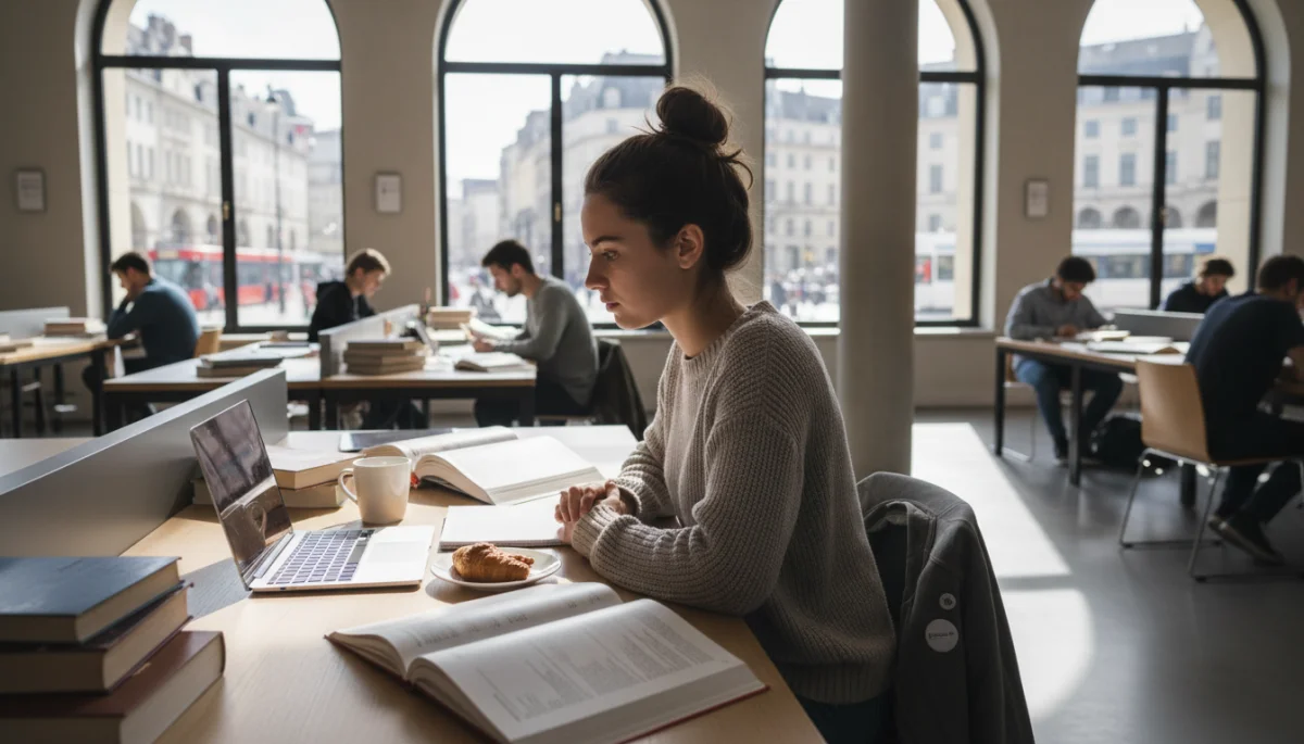 Étudiante française travaillant dans une bibliothèque universitaire européenne.