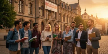 Groupe d'étudiants Erasmus+ souriants devant une université historique en Europe.