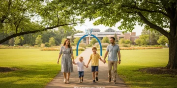 Famille heureuse de cinq personnes se promenant dans un parc, symbolisant le soutien familial et les aides sociales.