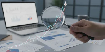 Graphique financier avec drapeaux français et main analysant les tendances d'investissement face à l'inflation.