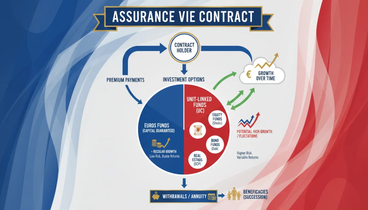 Infographie expliquant les différents fonds et options d'investissement d'un contrat d'assurance vie.