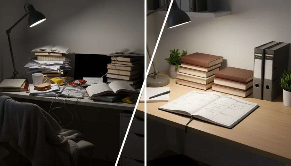 Espace de travail organisé et désorganisé, symbolisant l'importance de la planification pour le Brevet 2026
