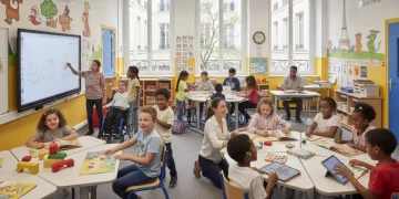 Enfants diversifiés apprenant ensemble dans une salle de classe inclusive et accessible en France.