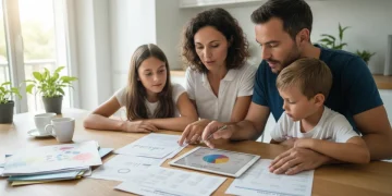 Famille française examinant des documents financiers, illustrant l'impact de la Prime d'activité 2026 sur les budgets des ménages.