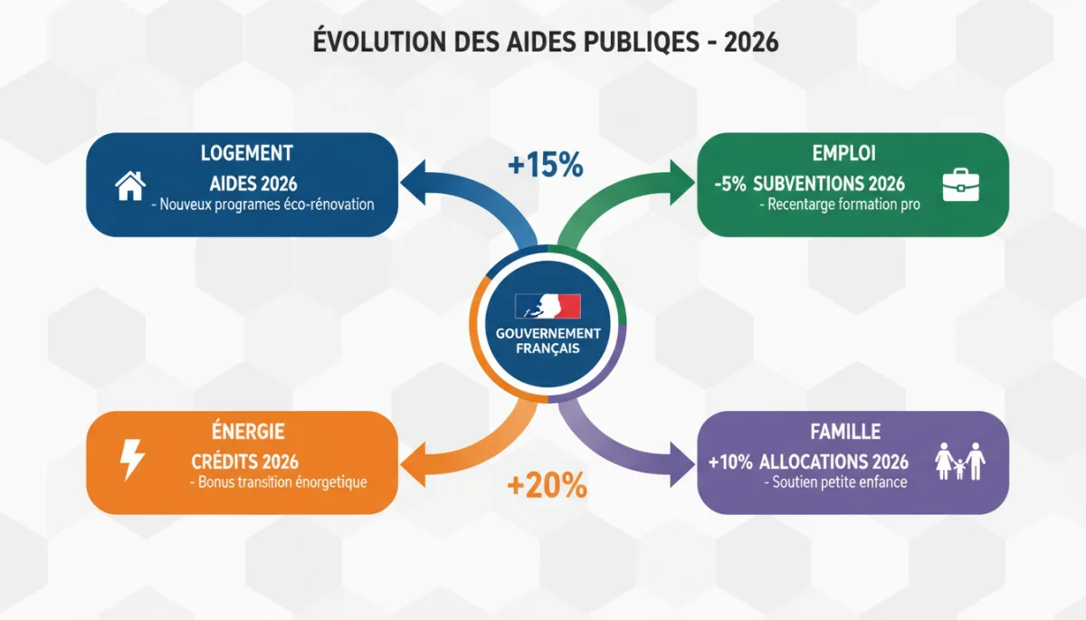 Infographie illustrant les différentes catégories d'aides gouvernementales françaises pour 2026 et leurs évolutions.
