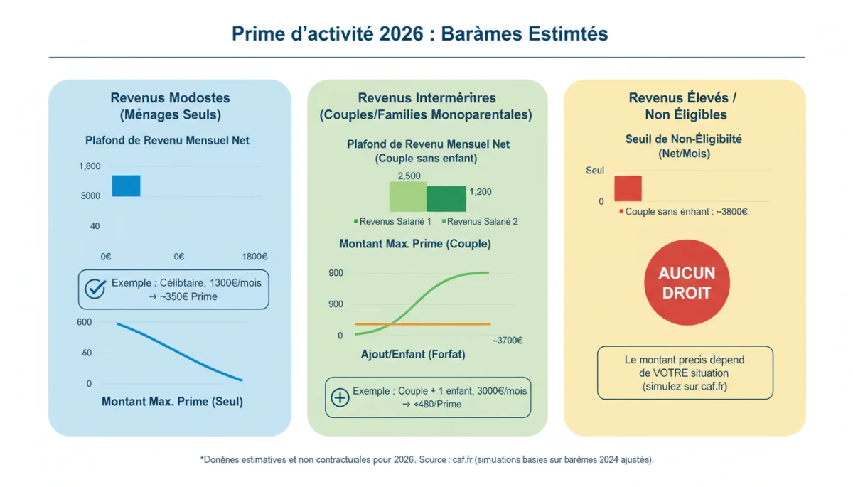 Infographie des seuils de revenus et montants de la Prime d'activité 2026, illustrant les barèmes actualisés.