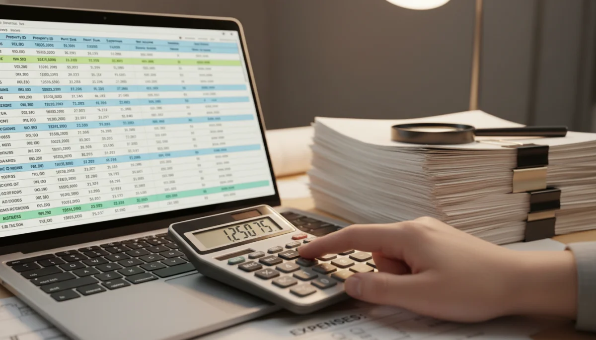 Optimisation des charges locatives avec calculatrice et documents financiers.
