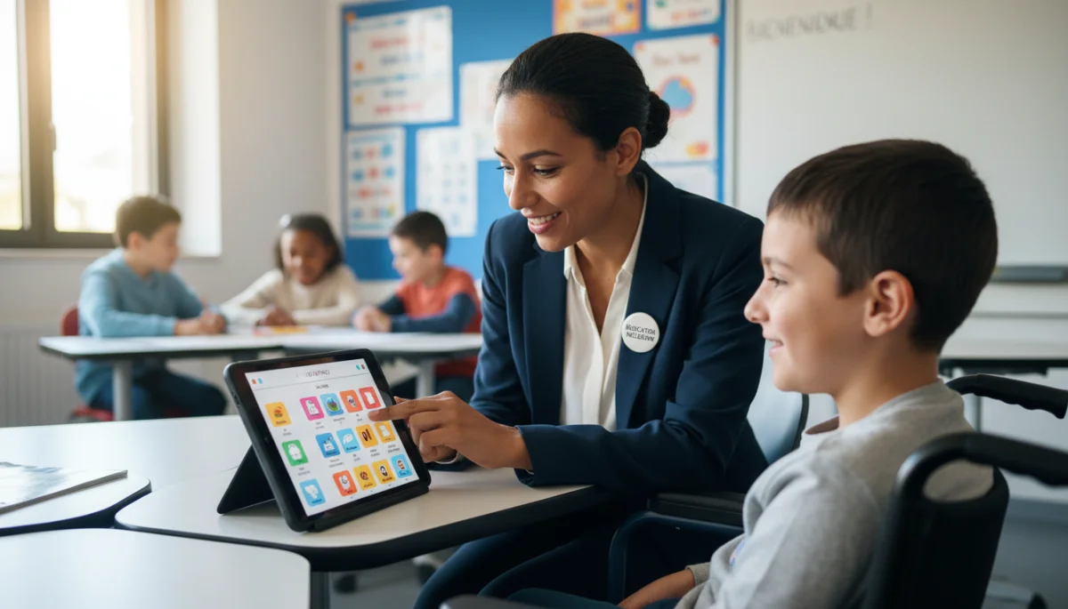 Enseignant aidant un élève avec une technologie d'assistance en classe française.